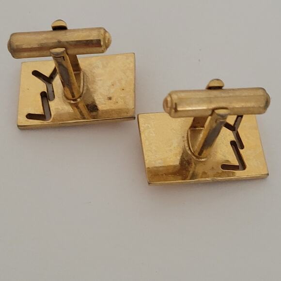 Yves Saint Laurent YSL Gold Tone Rectangle Logo Cufflinks Tie Pin Designer Set - Picture 6 of 12